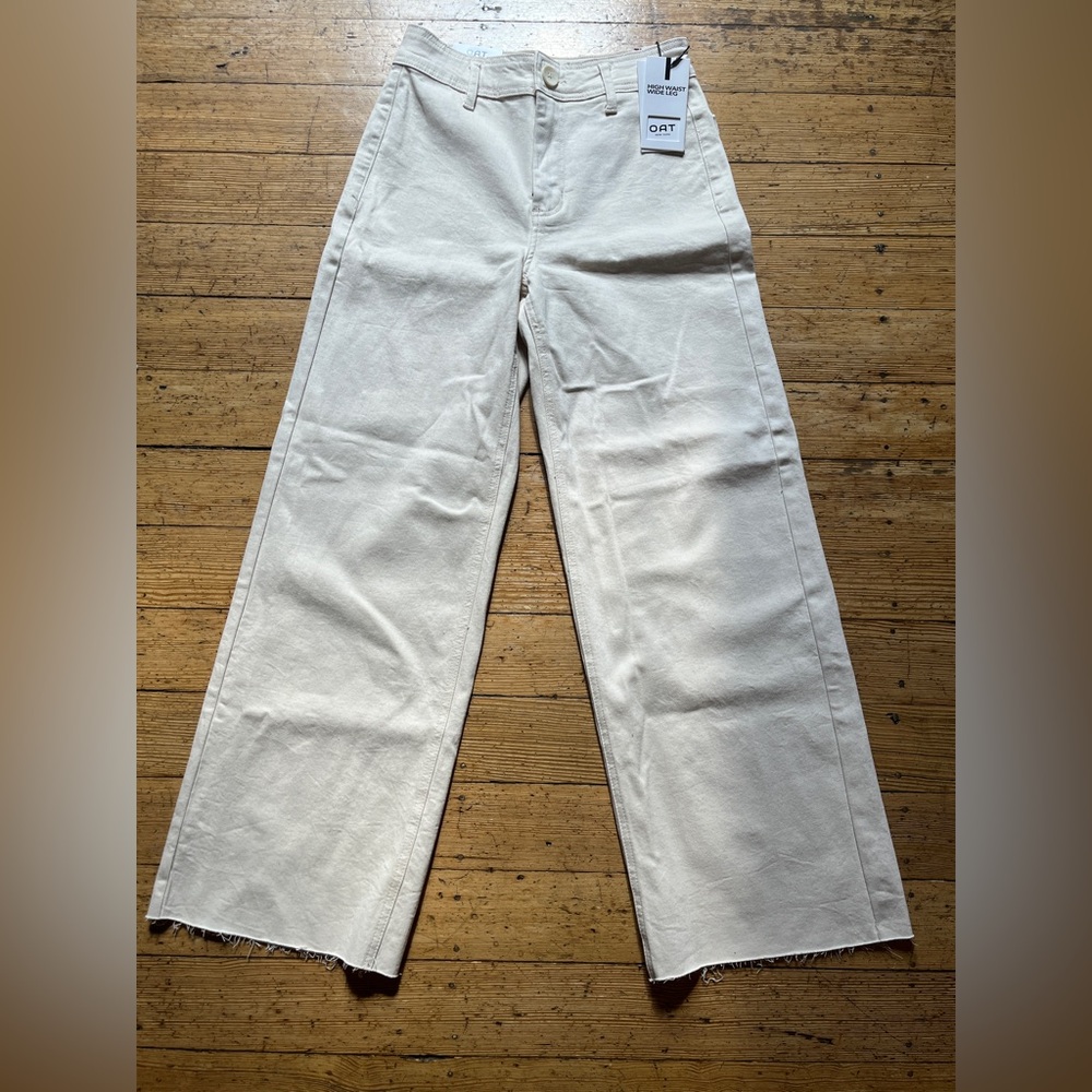 Oat New York  Womens Sz 4/27 Ivory Natural High Rise Wide Leg Raw Hem Denim NWT